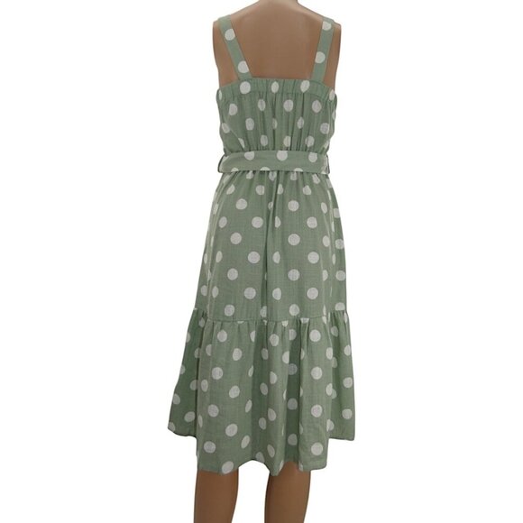 NWT Monteau Green Polka Dot Midi Linen Blend Belted Cottagecore Sz XS Dress - Picture 8 of 13